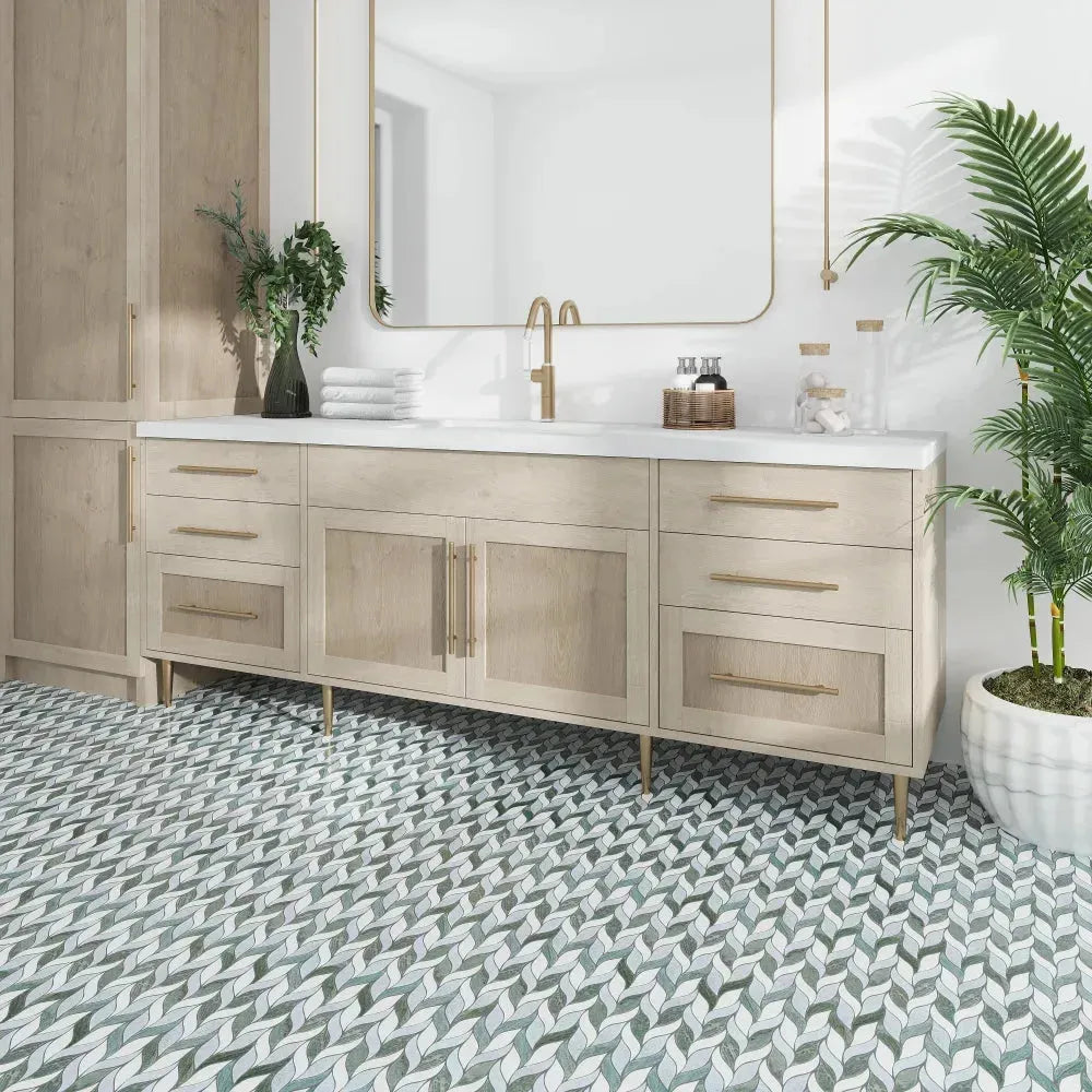 Verde Green & Blue Celeste & Thassos Marble Leaf Polished Mosaic Tile