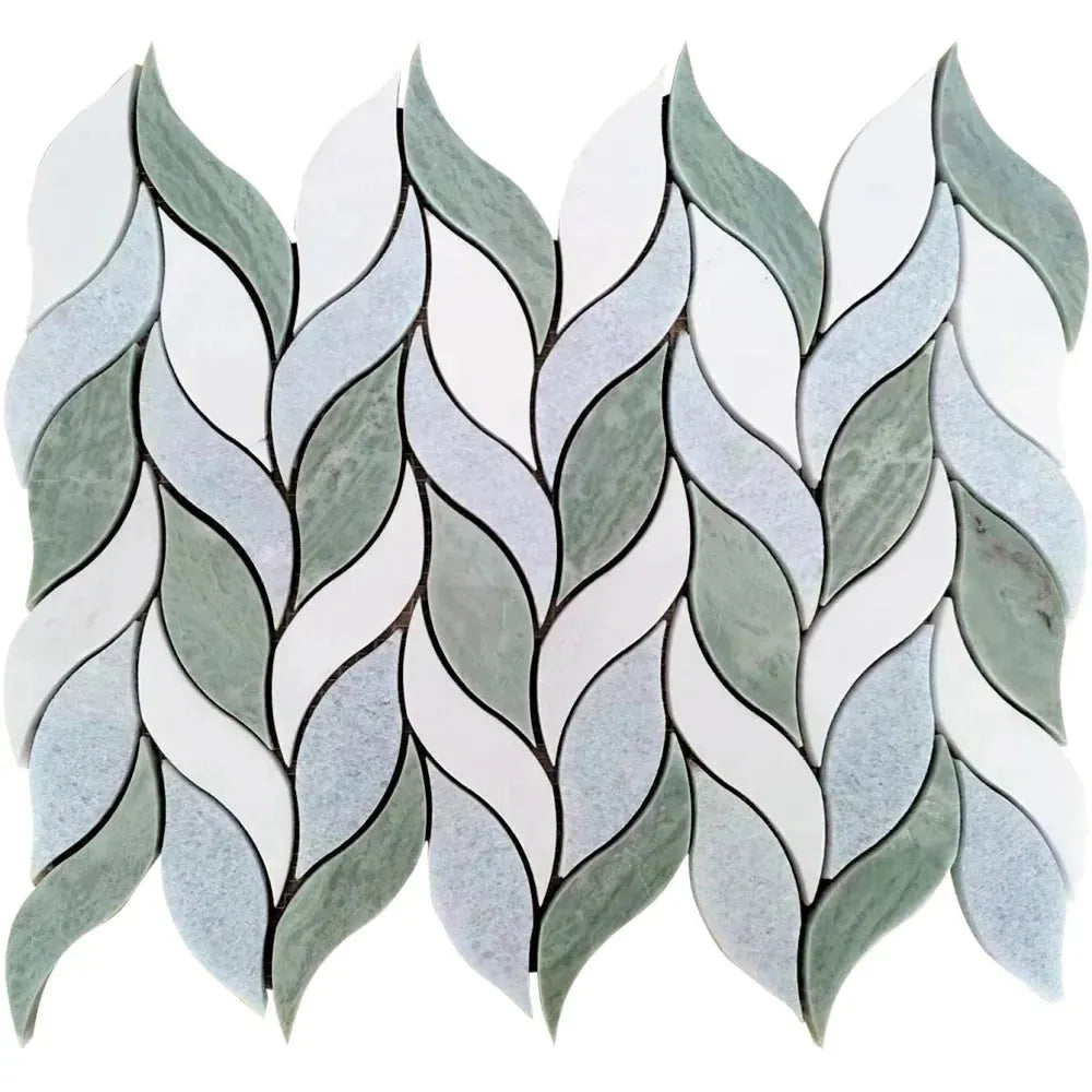 Verde Green & Blue Celeste & Thassos Marble Leaf Polished Mosaic Tile