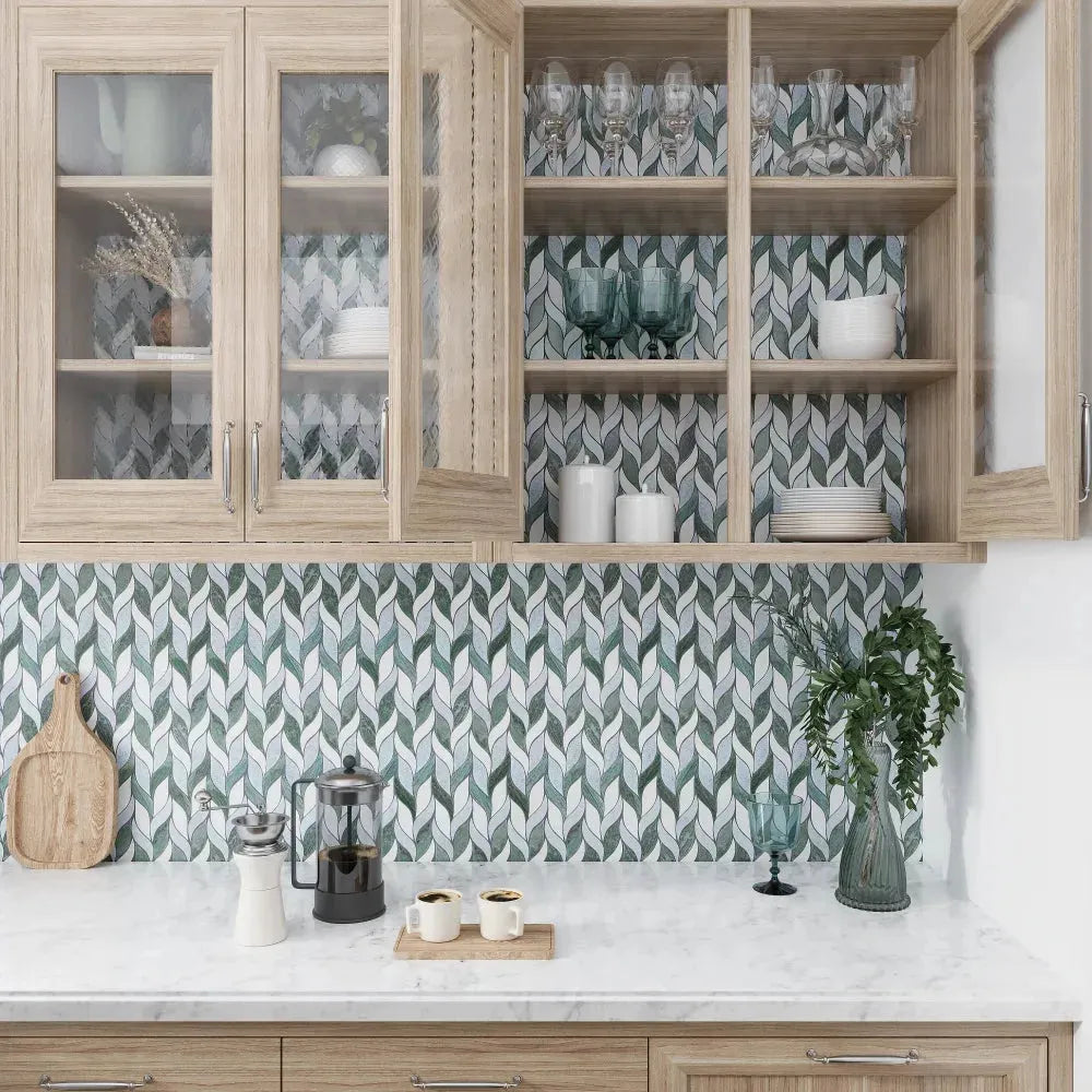 Verde Green & Blue Celeste & Thassos Marble Leaf Polished Mosaic Tile