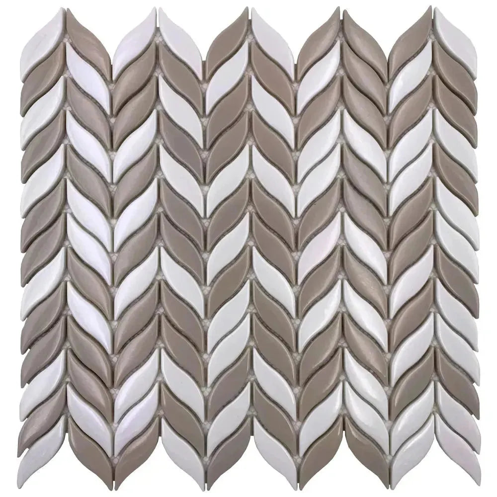 White and Beige Leaf Glossy Recycled Glass Mosaic Tile