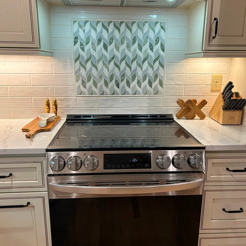 Verde Green & Blue Celeste & Thassos Marble Leaf Polished Mosaic Tile