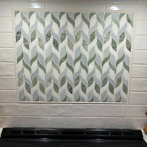 Verde Green & Blue Celeste & Thassos Marble Leaf Polished Mosaic Tile